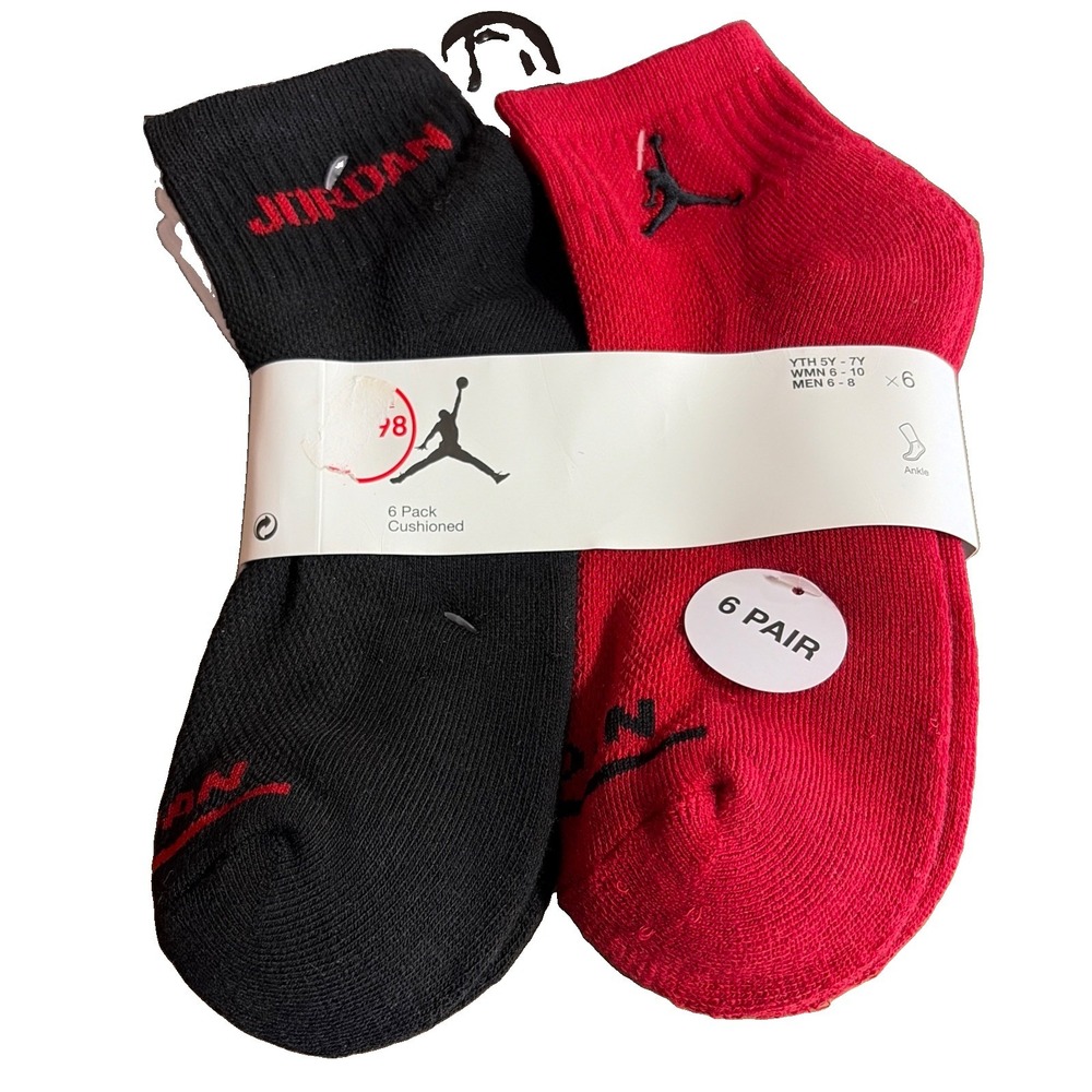 Jordan 6-pack Cushioned Ankle Socks Size Men’s 6-8, Youth 5Y-7Y, Women’s 6-10